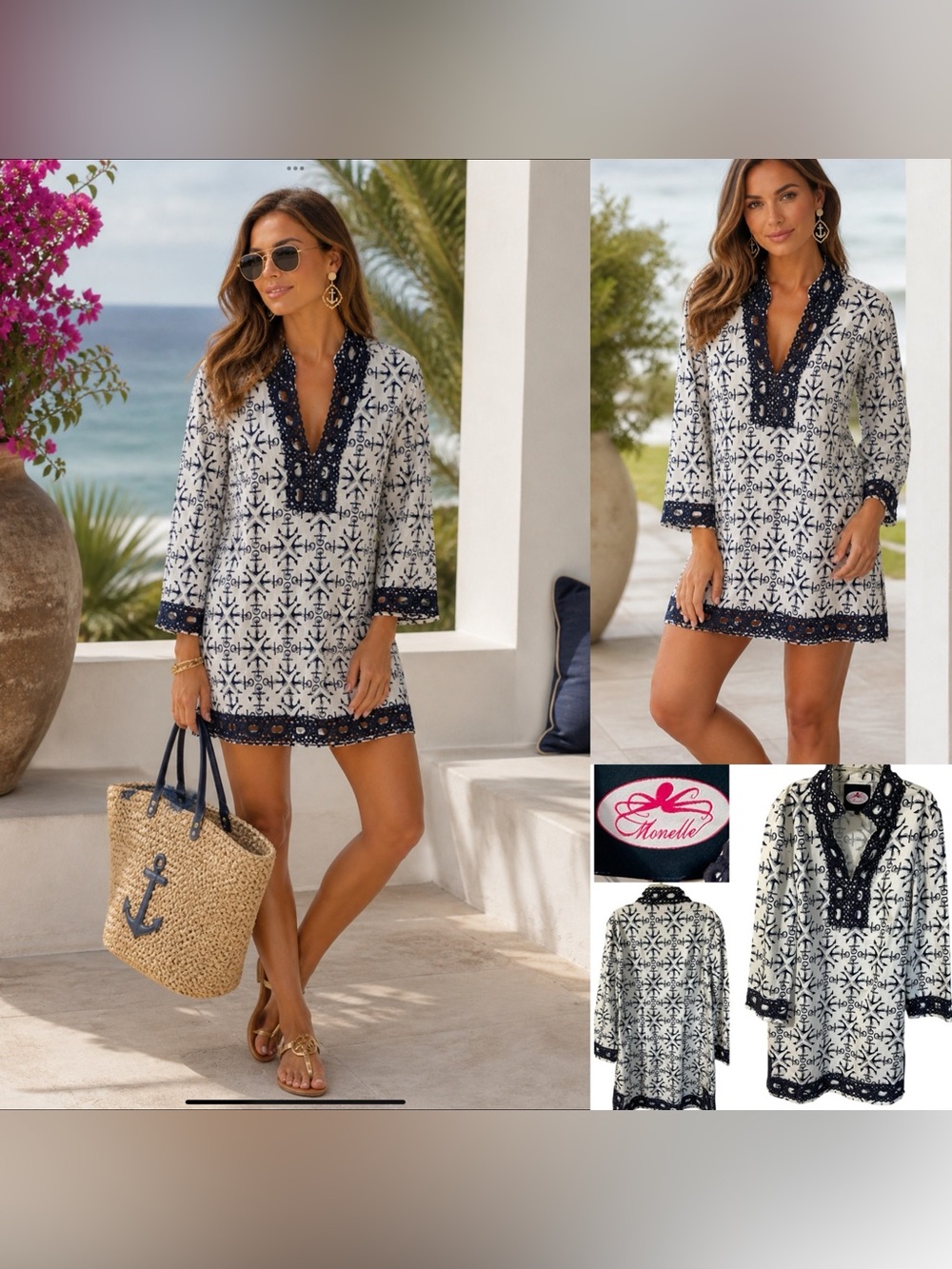 Monelle Erin Anchor Navy & White Tunic Dress. Size medium‎ With Embroidered Trim